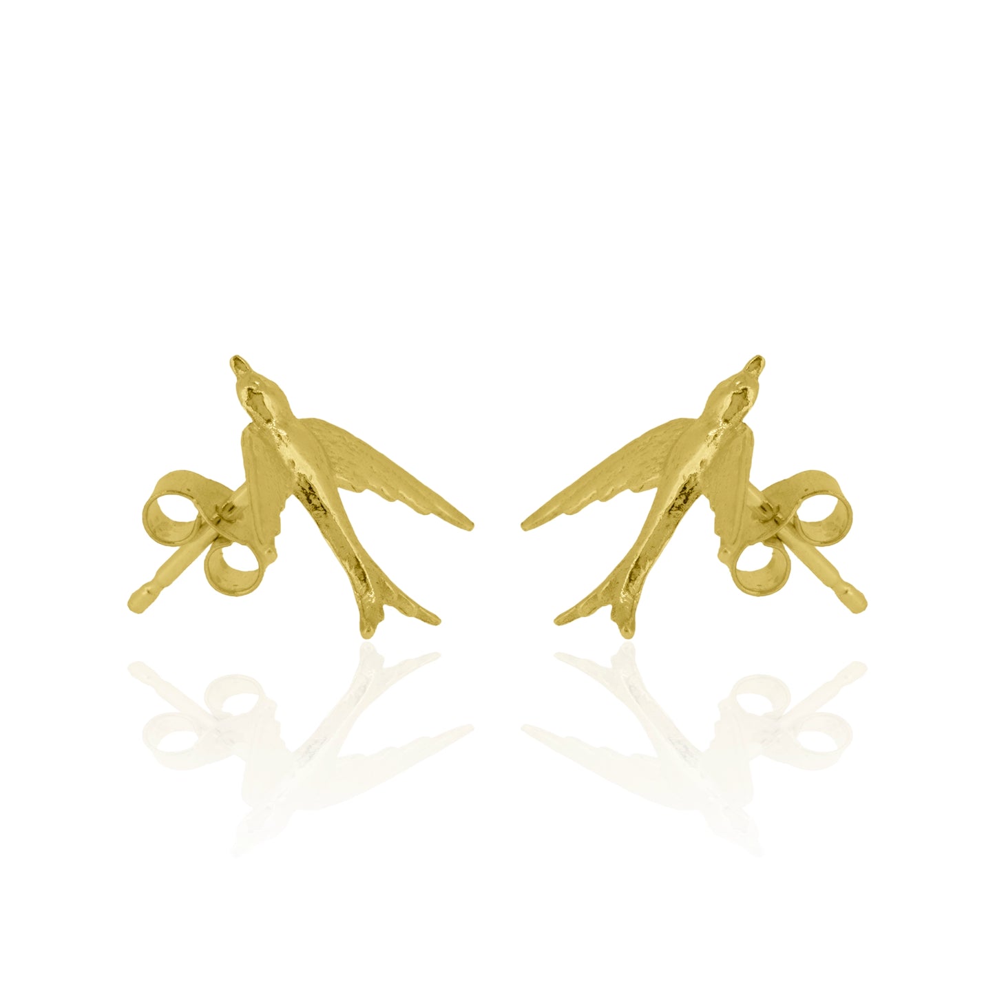 Gold bird-shaped earrings on a white background
