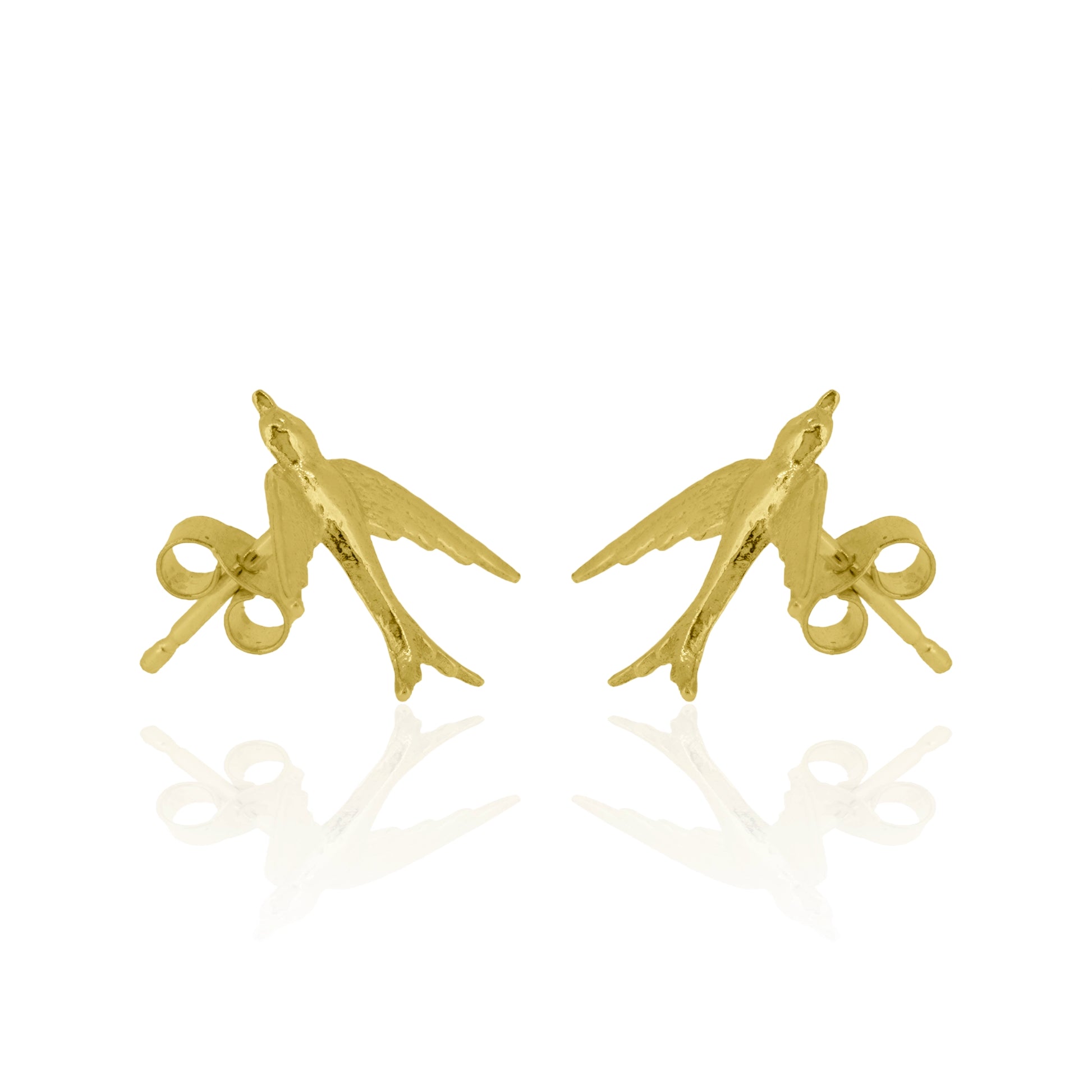 Gold bird-shaped earrings on a white background