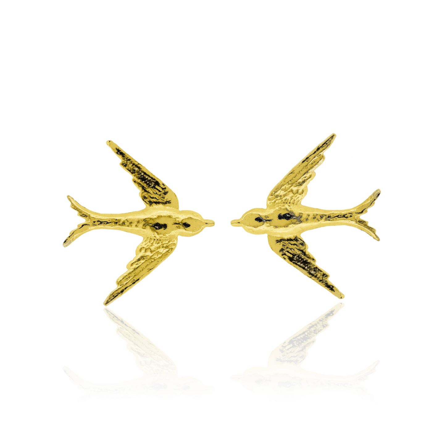 Gold bird-shaped earrings on a white background