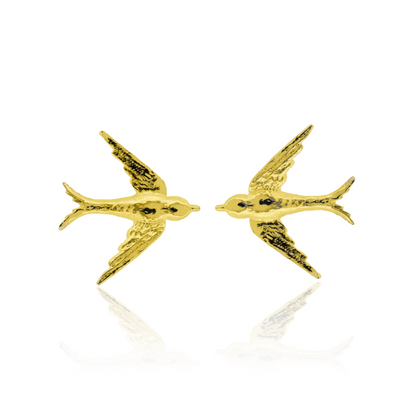 Gold bird-shaped earrings on a white background