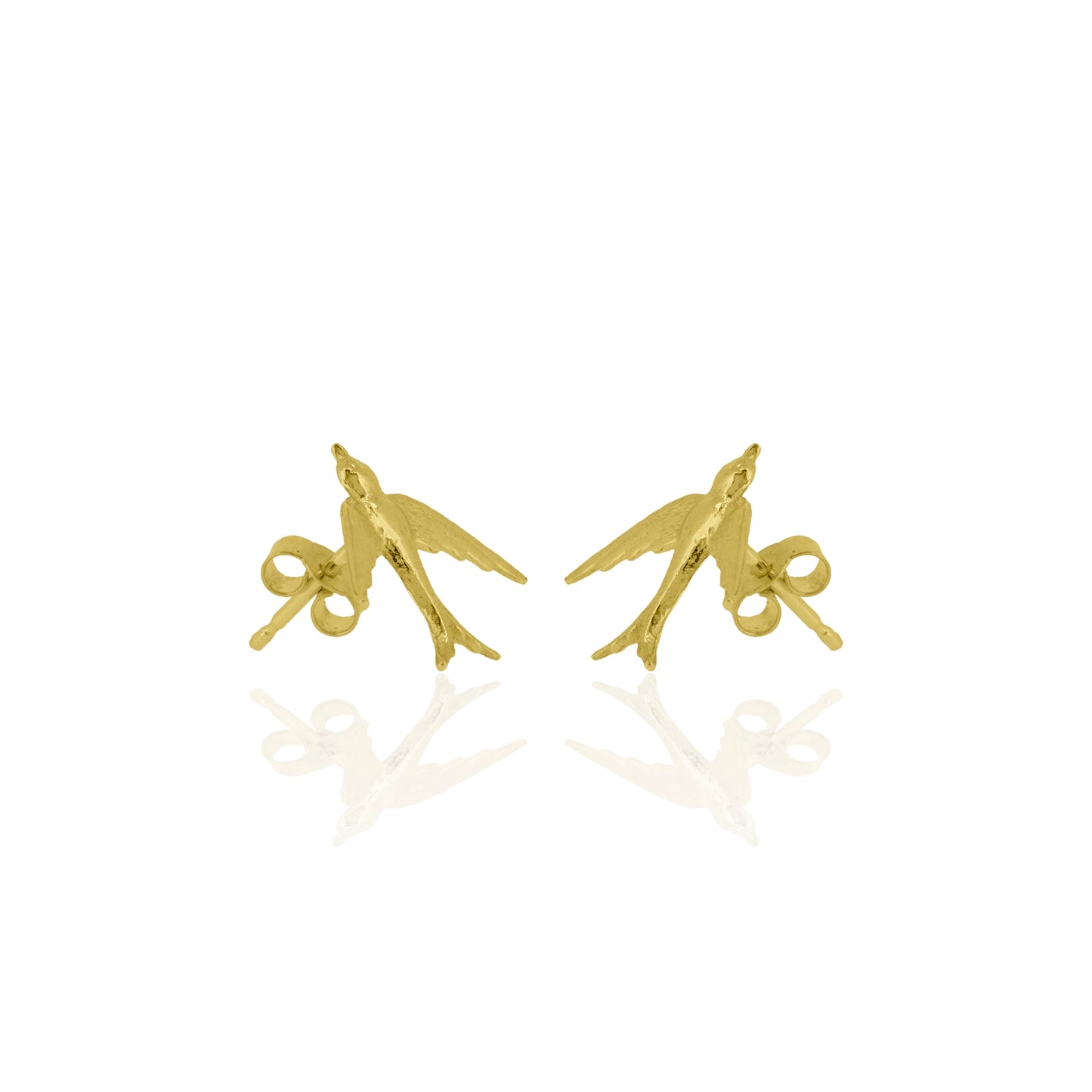 Gold bird-shaped earrings on a white background