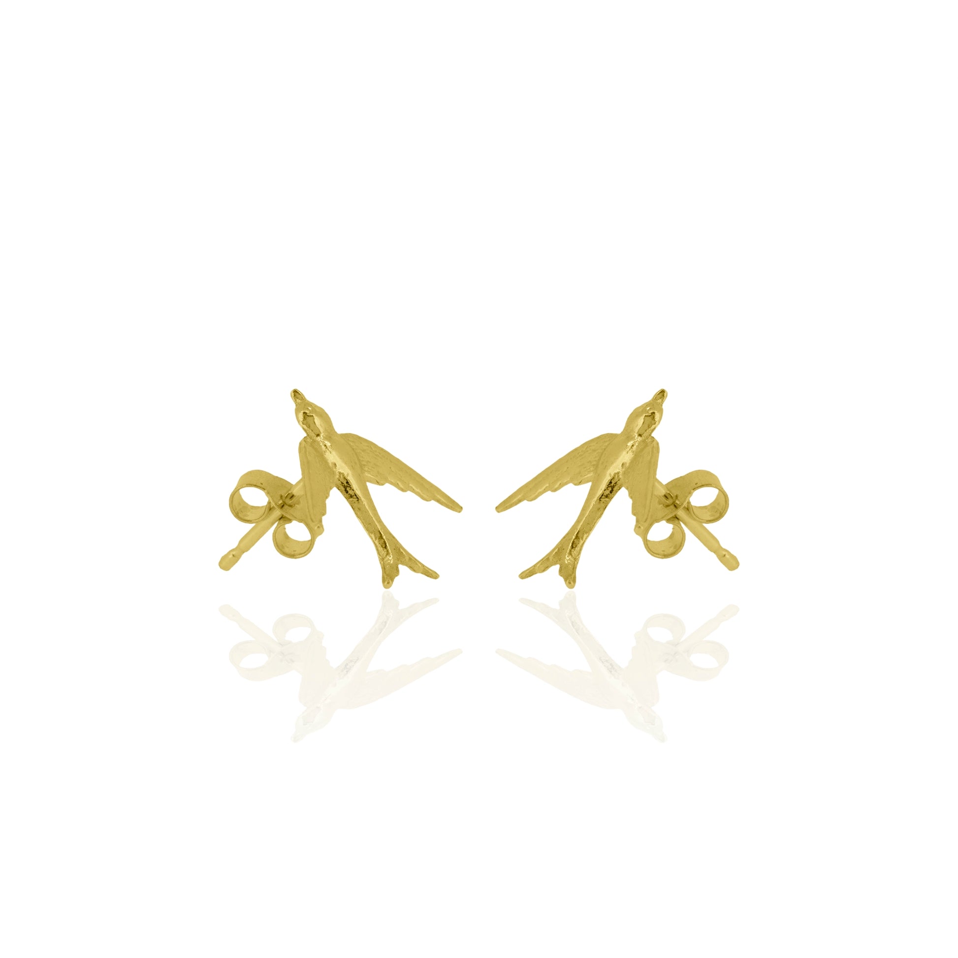 Gold bird-shaped earrings on a white background
