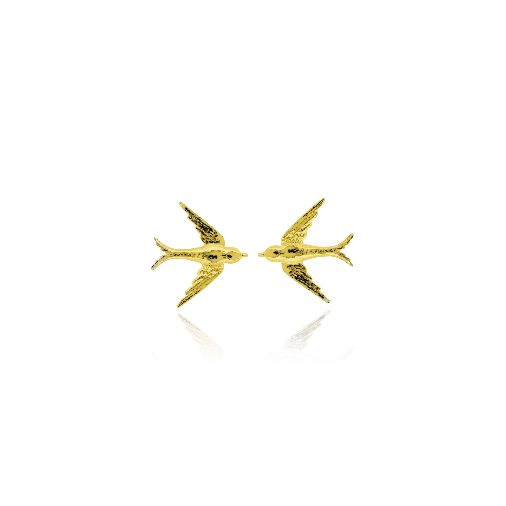 Gold bird-shaped earrings on a white background