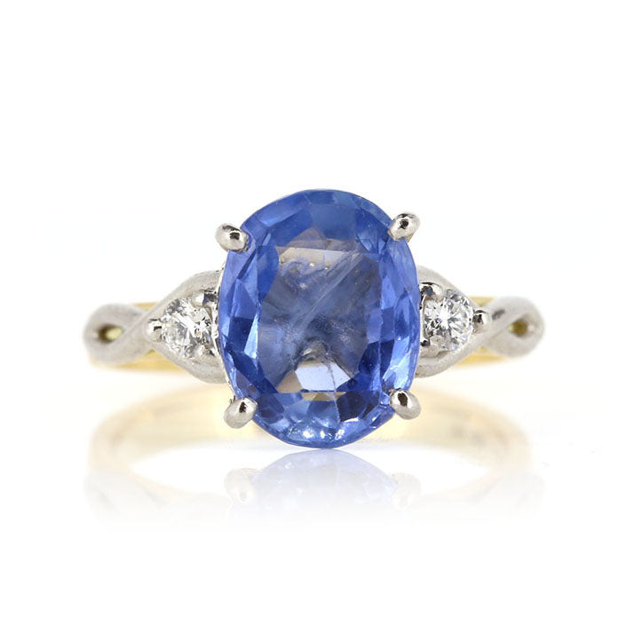 Bespoke Sapphire and Diamond Platinum and 18ct Yellow Gold Ring. Remodelled using our customers original sapphire, at Golden Snowdrop the jewellers in Shaftesbury, near Blandford. 