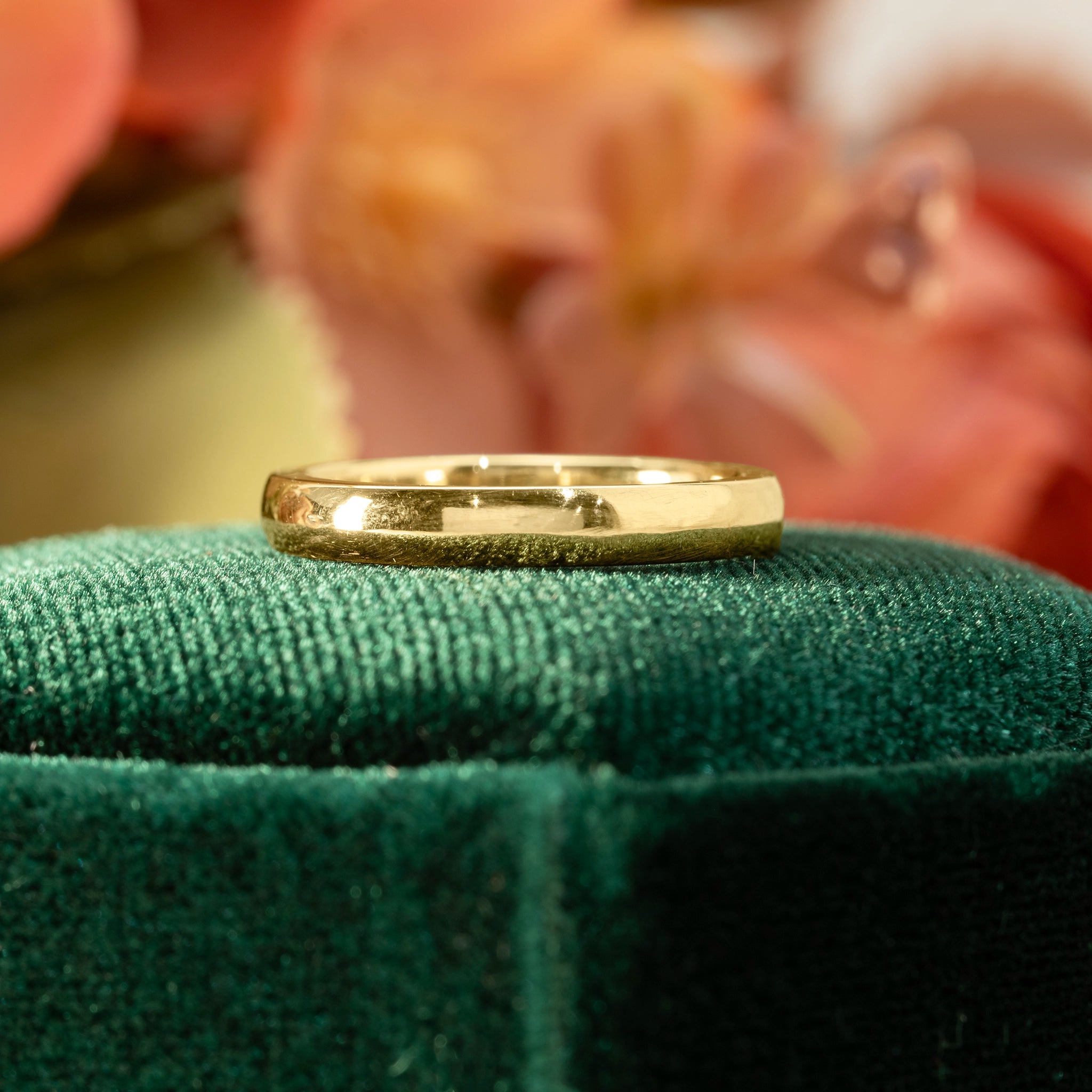 Simple 9ct Yellow Gold Bespoke Wedding Ring on padded jewellery box | Golden Snowdrop