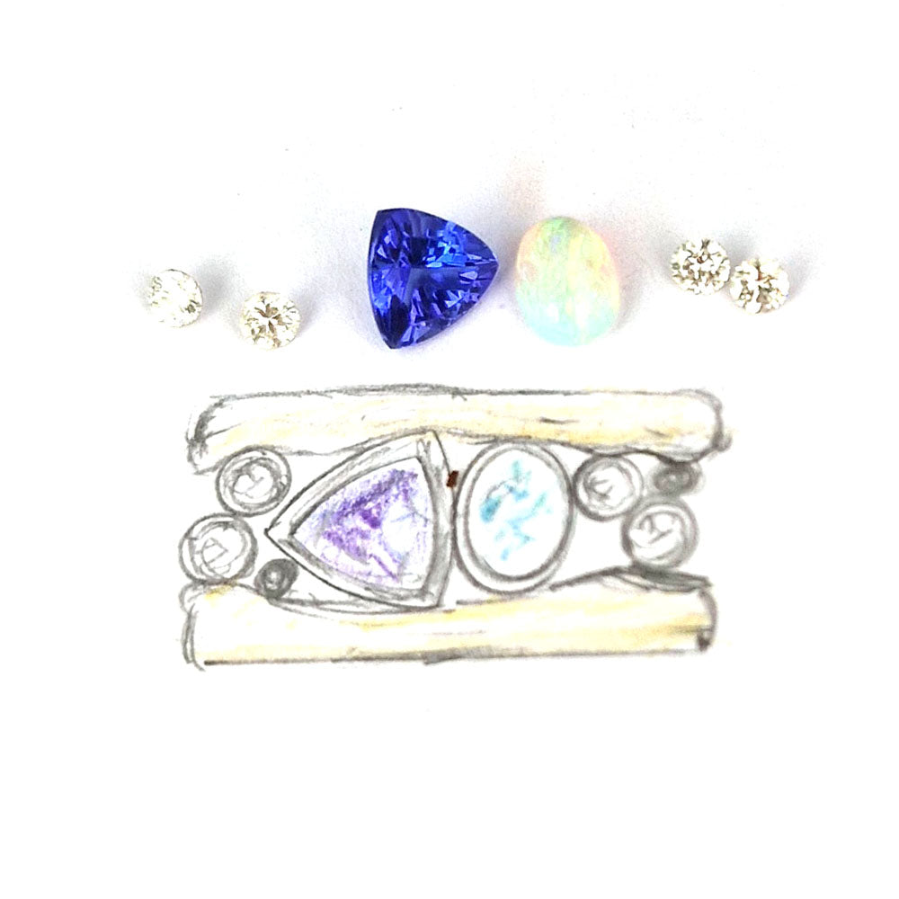 The hand drawn design of the Bespoke Tanzanite, Opal And Diamond Yellow And White Gold Ring. Made using our customers opal and diamonds at Golden Snowdrop, the jewellers in Shaftesbury near Warminster.