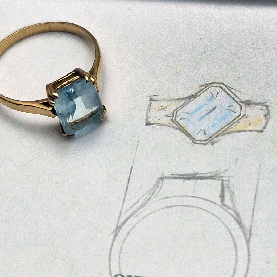 Bespoke consultation, including hand-drawn product sketch of Aquamarine and 18ct Yellow Gold, Wax Carved ring made at Golden Snowdrop the jewellers in Shaftesbury Dorset, near Bournemouth. 