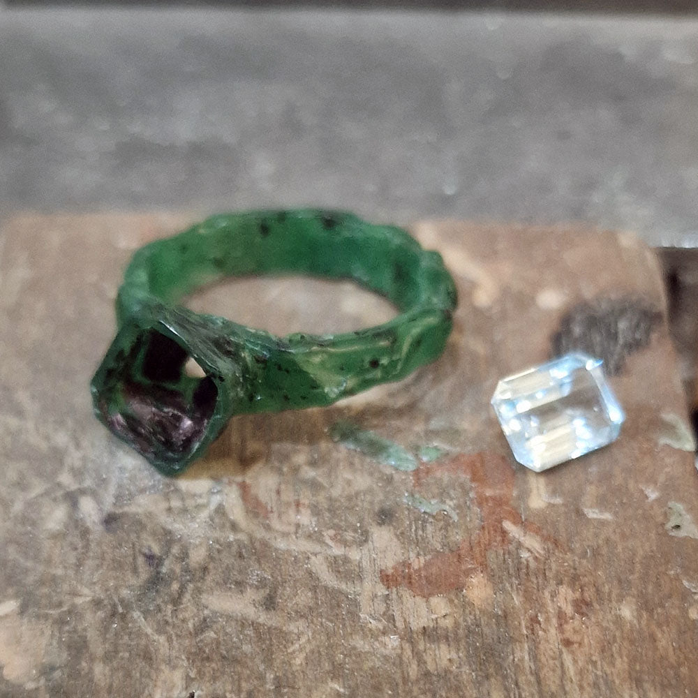 Bespoke, handmade, wax carved model of Aquamarine and 18ct Yellow Gold ring, made at Golden Snowdrop the jewellers in Shaftesbury Dorset, near Warminster.