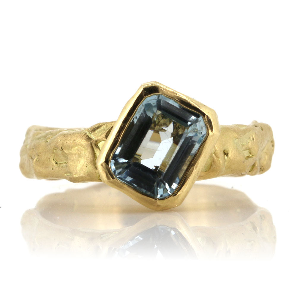 Bespoke Aquamarine and 18ct Yellow Gold, Wax Carved ring made at Golden Snowdrop the jewellers in Shaftesbury Dorset, near Salisbury. 