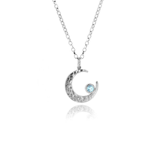 Crescent Moon Blue Topaz Large Necklace - Sterling Silver Necklace