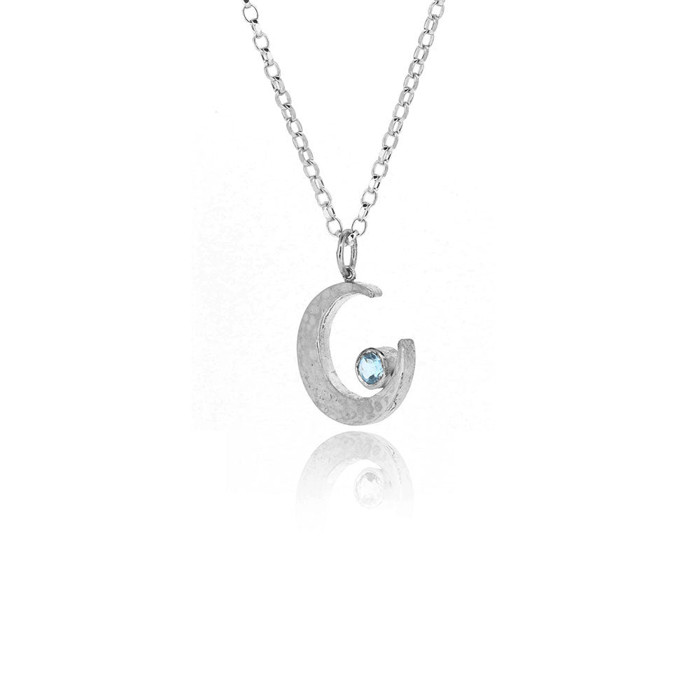 Crescent Moon Blue Topaz Large Necklace - Sterling Silver Necklace