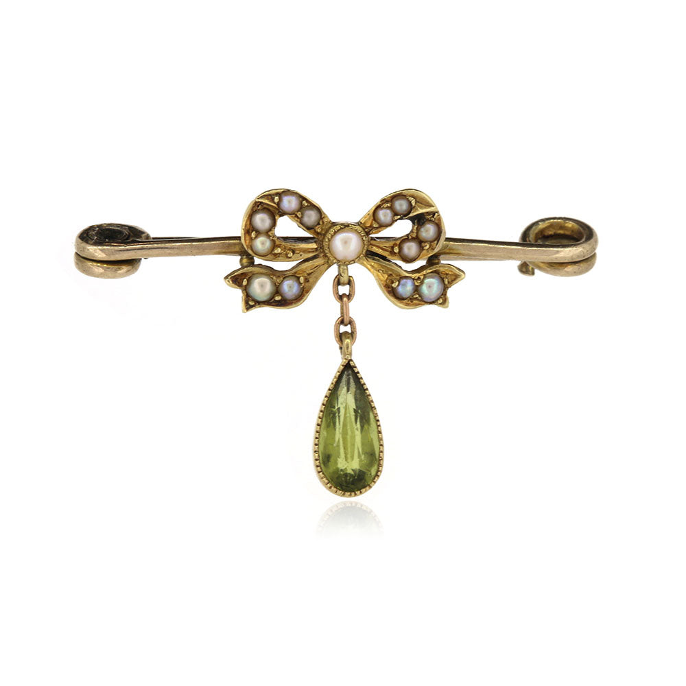 Antique - Edwardian Seed Pearl and Peridot Bow Brooch Brooches