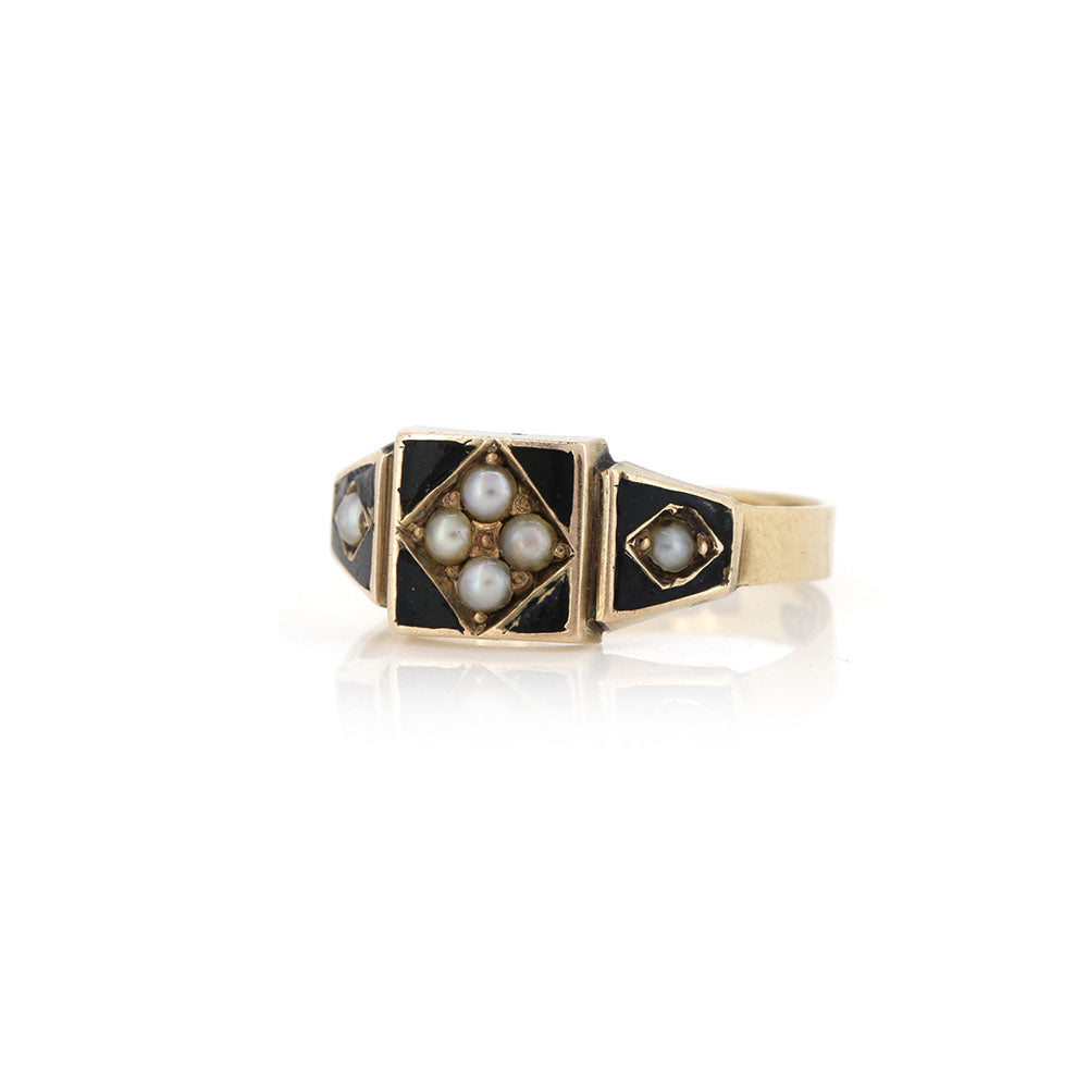 Antique - Seed Pearl Enamel Mourning Ring Lockets