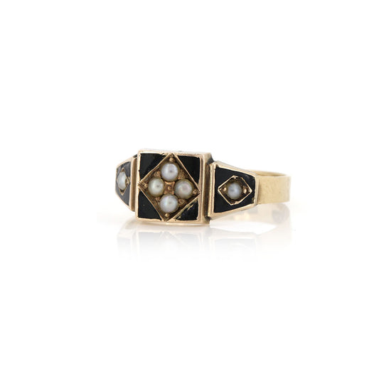 Antique - Seed Pearl Enamel Mourning Ring Lockets