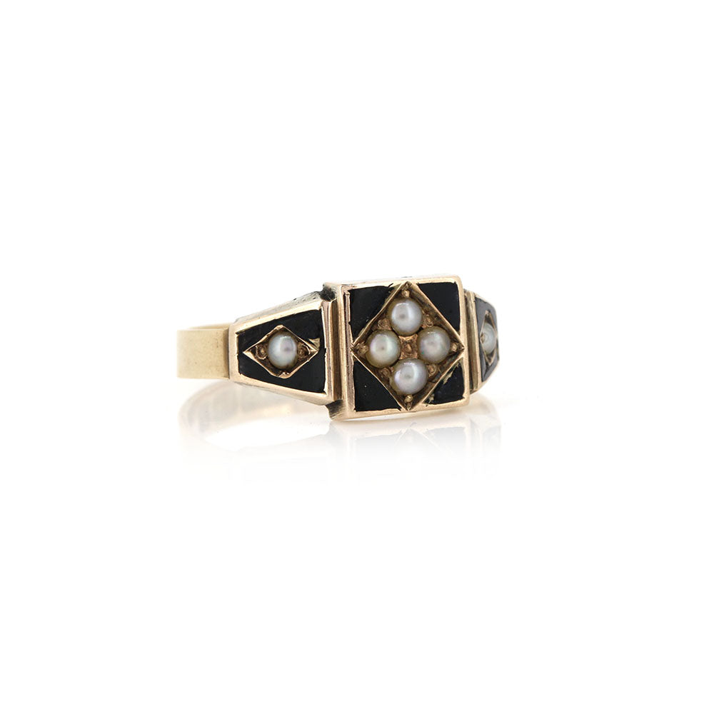 Antique - Seed Pearl Enamel Mourning Ring Lockets