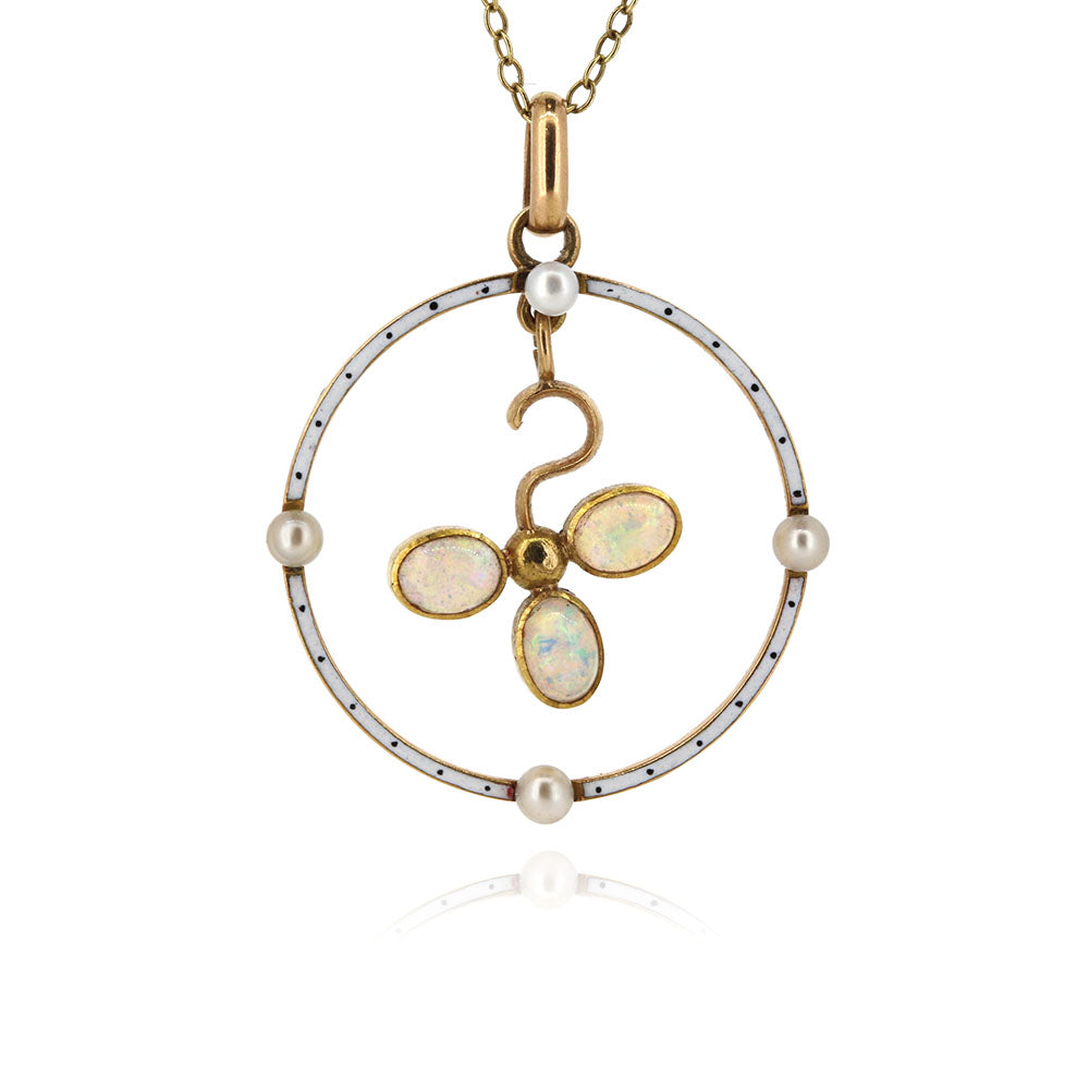Antique - Edwardian Opal, Seed Pearl and Enamel Pendant Pendant