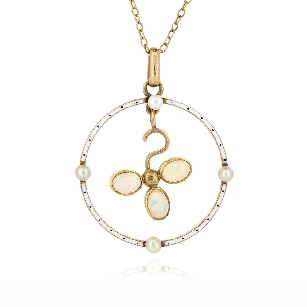 Antique - Edwardian Opal, Seed Pearl and Enamel Pendant Pendant