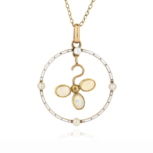 Antique - Edwardian Opal, Seed Pearl and Enamel Pendant Pendant