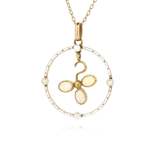 Antique - Edwardian Opal, Seed Pearl and Enamel Pendant Pendant