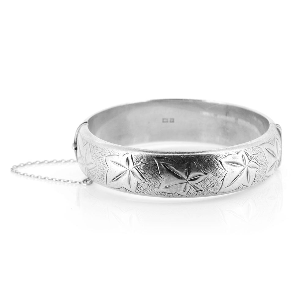 Vintage - Ivy Leaf Engraved Hinged Hollow Silver Bangle Bangles
