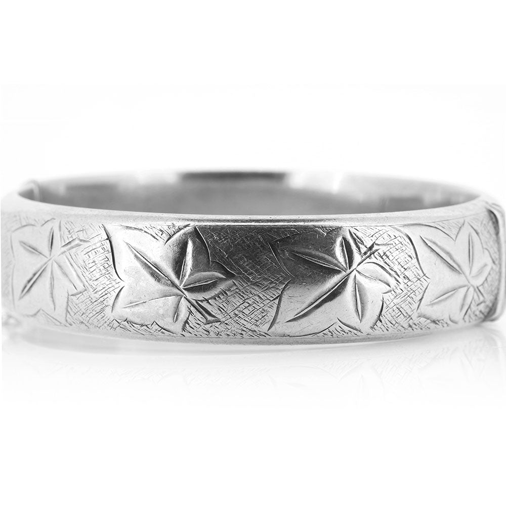 Vintage - Ivy Leaf Engraved Hinged Hollow Silver Bangle Bangles