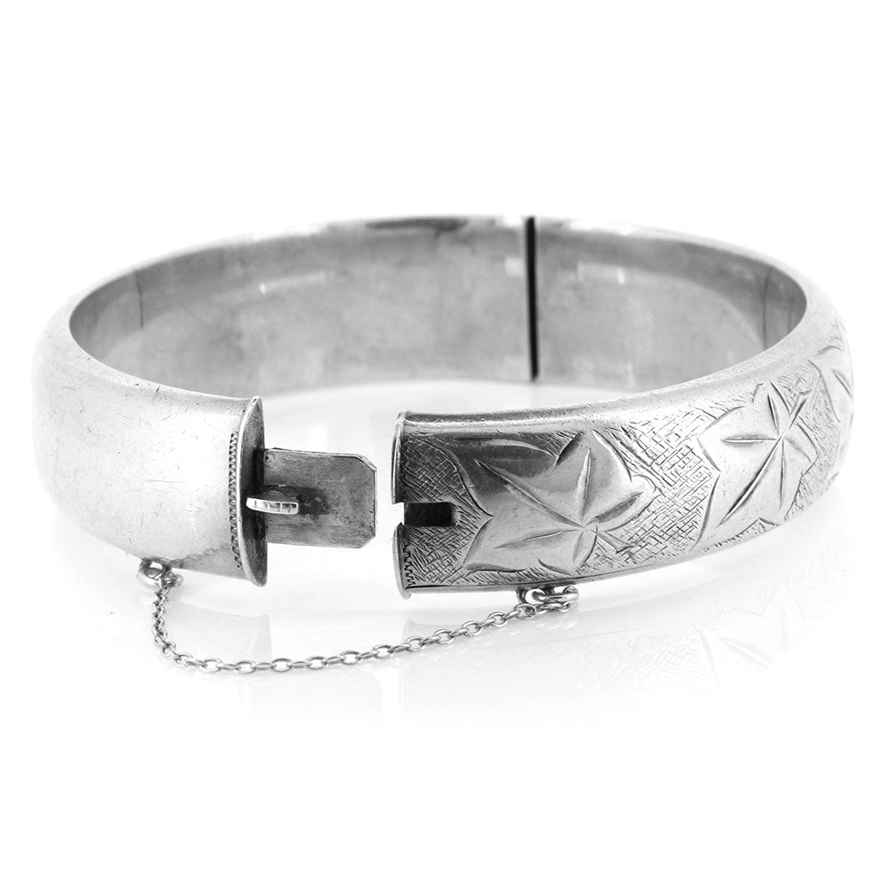 Vintage - Ivy Leaf Engraved Hinged Hollow Silver Bangle Bangles
