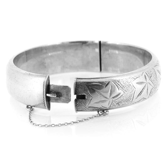 Vintage - Ivy Leaf Engraved Hinged Hollow Silver Bangle Bangles