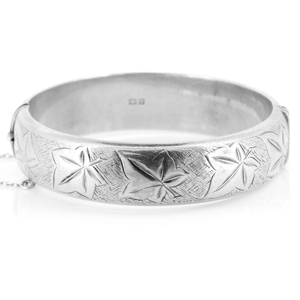 Vintage - Ivy Leaf Engraved Hinged Hollow Silver Bangle Bangles