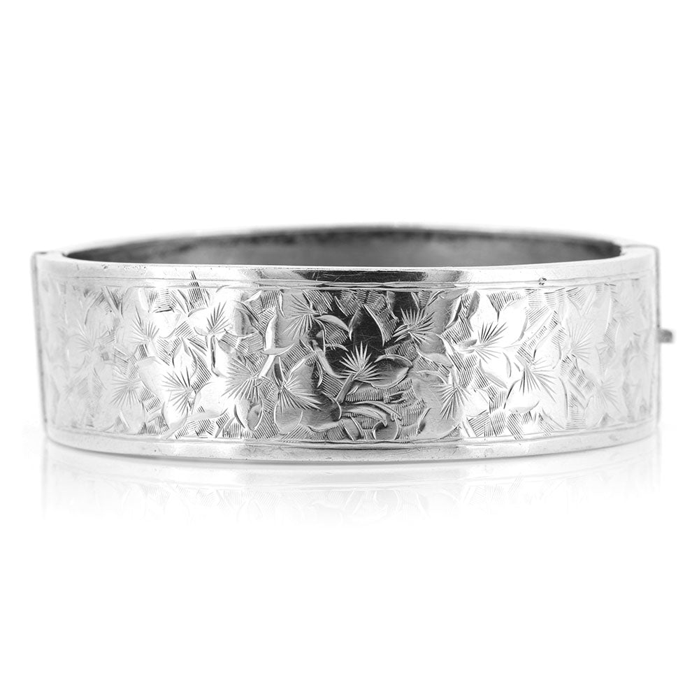 Antique - Ivy Leaf Engraved Hinged Silver Bangle Bangles