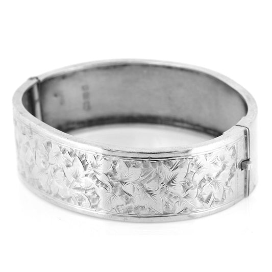 Antique - Ivy Leaf Engraved Hinged Silver Bangle Bangles
