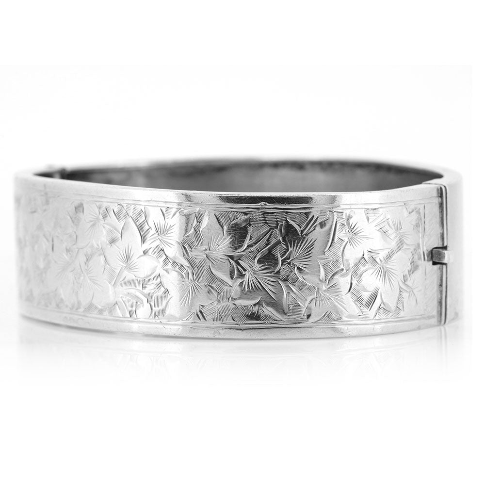 Antique - Ivy Leaf Engraved Hinged Silver Bangle Bangles