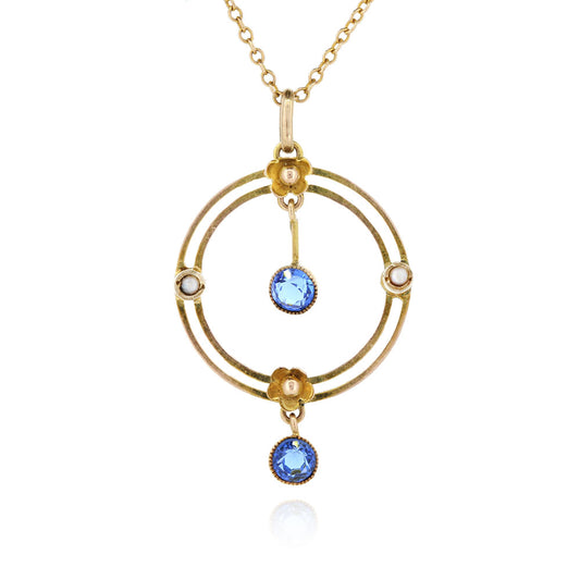 Antique - Edwardian Blue Paste & Pearl Necklace Necklace