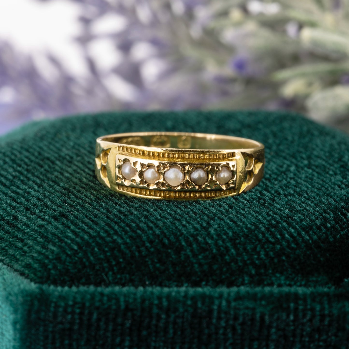 Five pearl panel set in 15ct yellow gold antique ring with decorative engraving | Golden Snowdrop