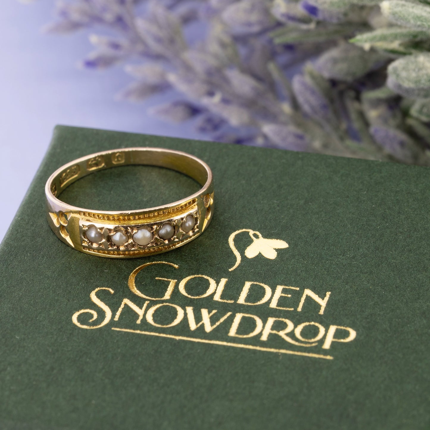 15ct yellow gold antique ring with five seed pearls and engraved band detail | Golden Snowdrop