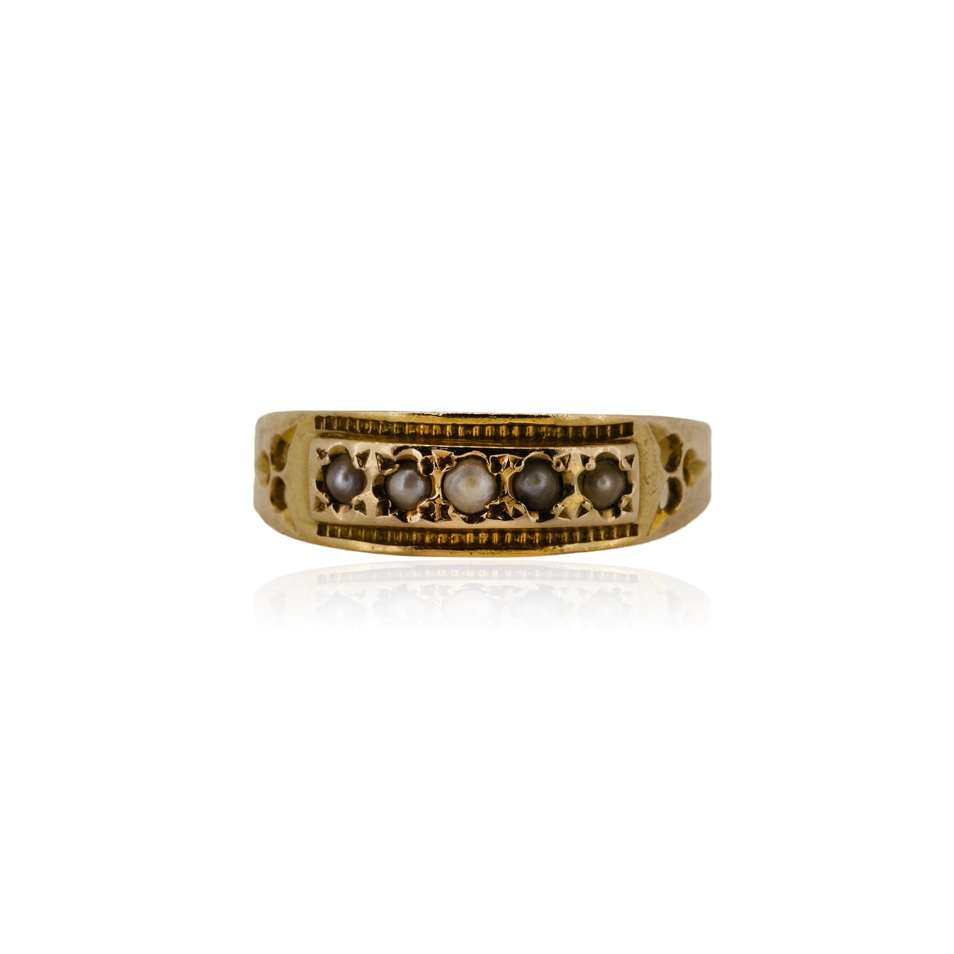 15ct yellow gold antique ring with five seed pearls in rectangular panel setting | Golden Snowdrop