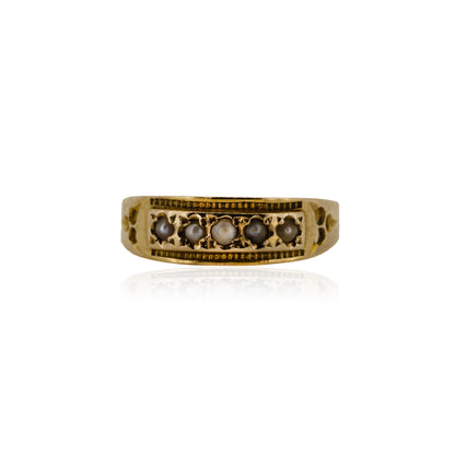 15ct yellow gold antique ring with five seed pearls in rectangular panel setting | Golden Snowdrop