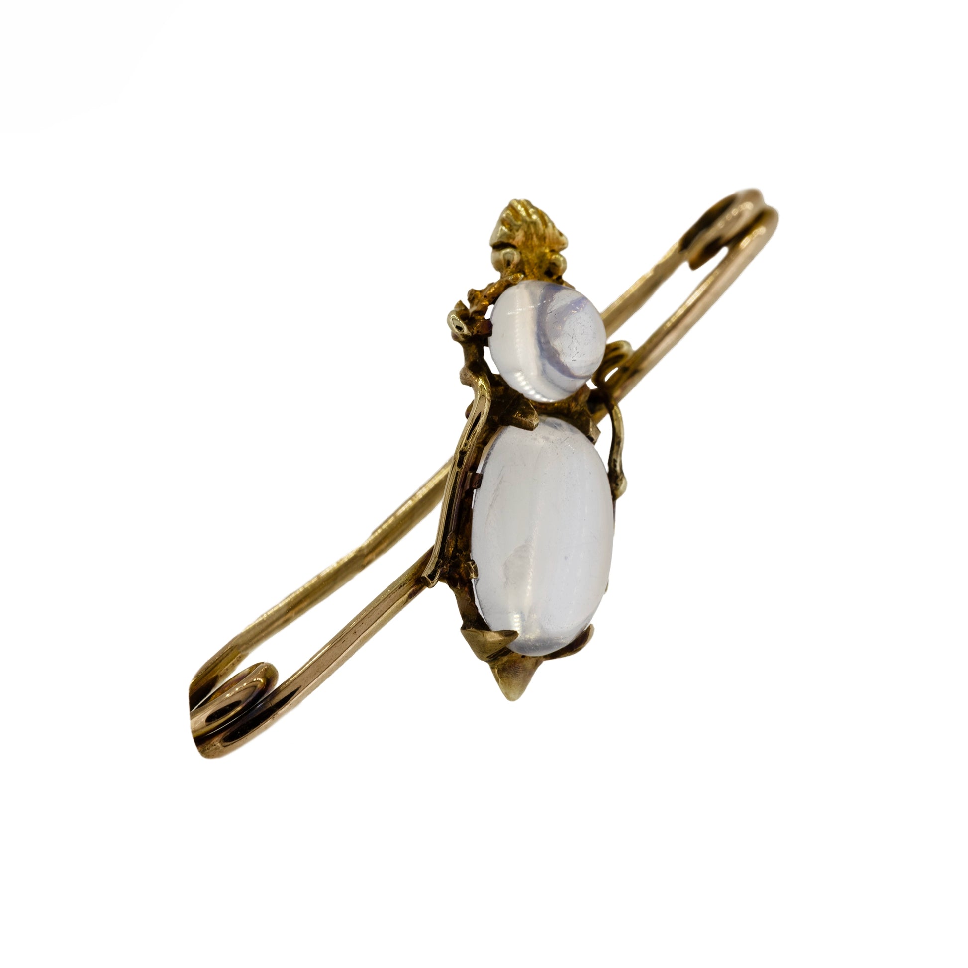 Victorian 15ct yellow gold moonstone brooch angled view showing double loop pin | Golden Snowdrop