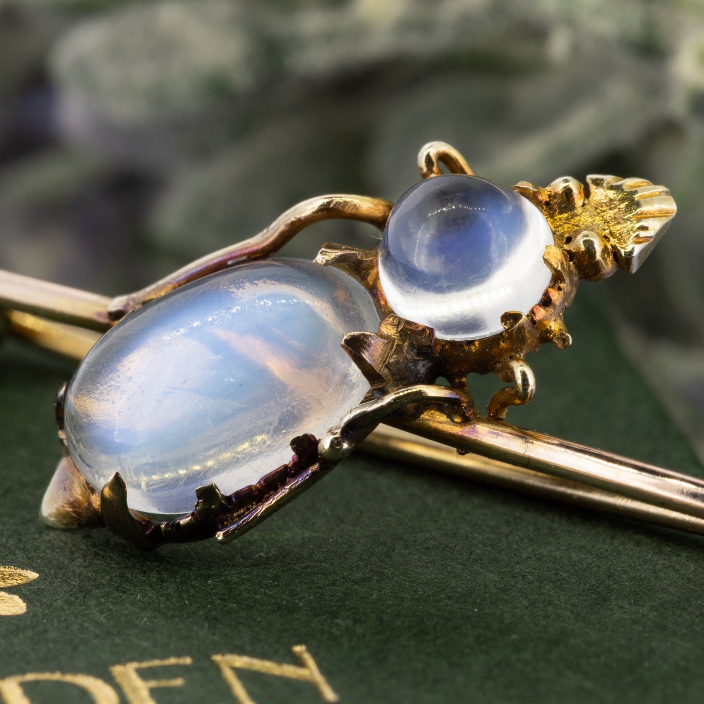 Oval and round moonstones set in Victorian 15ct yellow gold brooch | Golden Snowdrop