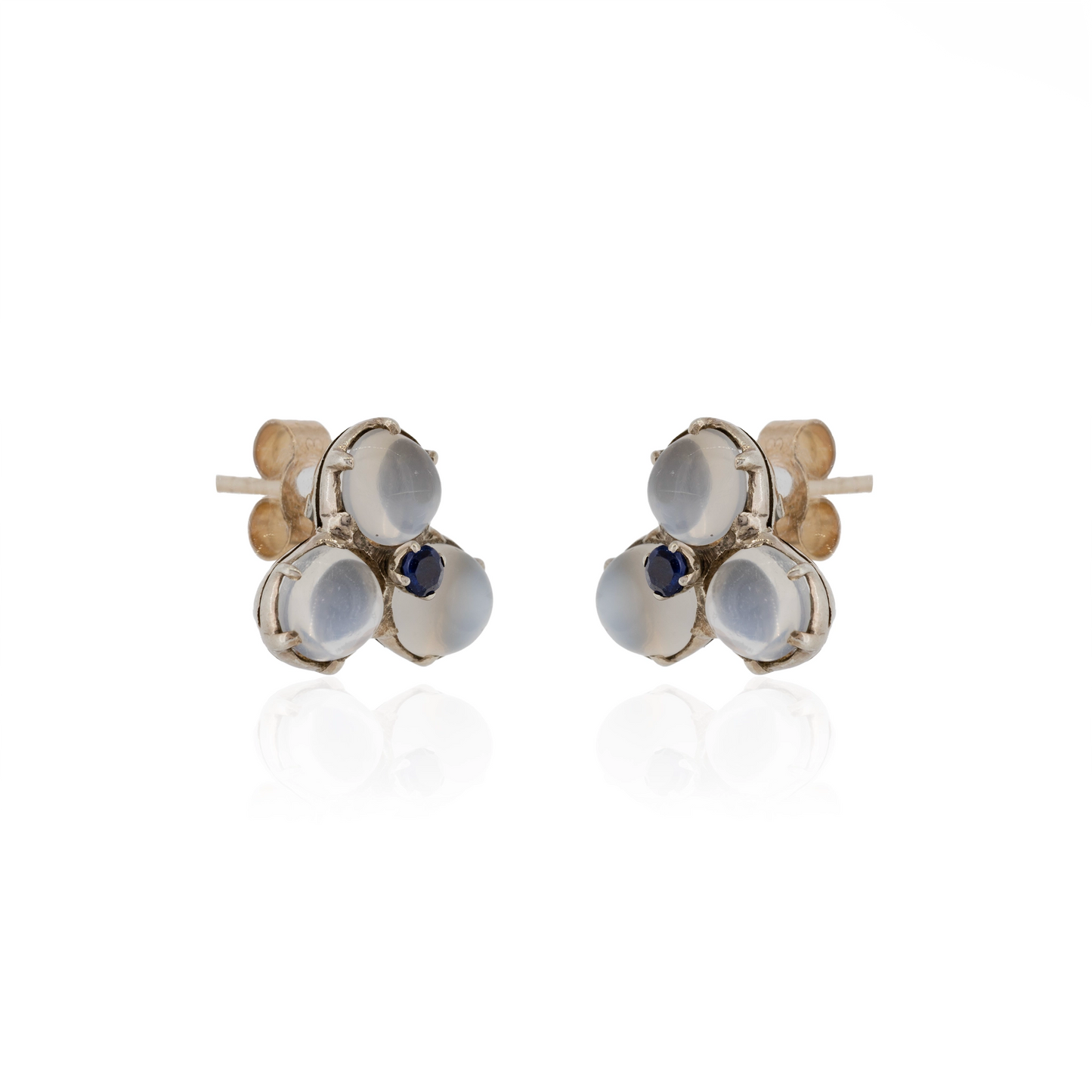 Moonstone cluster stud earrings with central sapphire in silver and gold mount | Golden Snowdrop