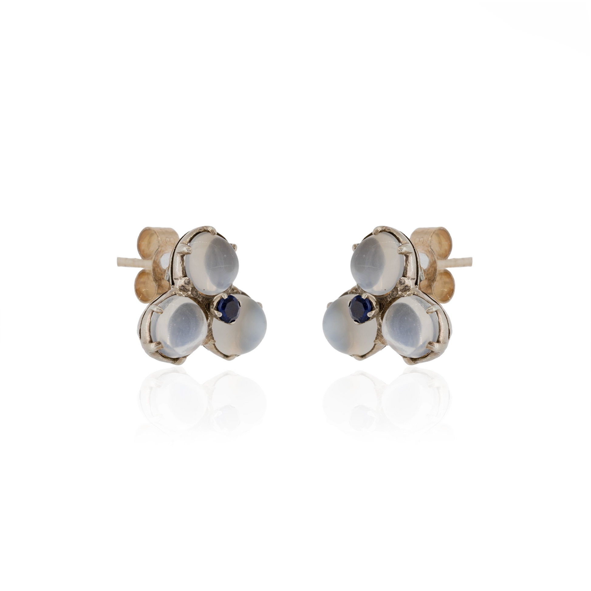 Moonstone cluster stud earrings with central sapphire in silver and gold mount | Golden Snowdrop