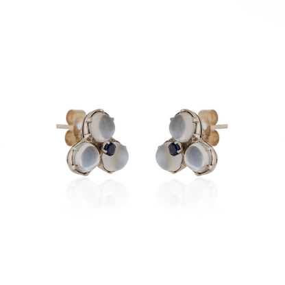 Moonstone cluster stud earrings with central sapphire in silver and gold mount | Golden Snowdrop