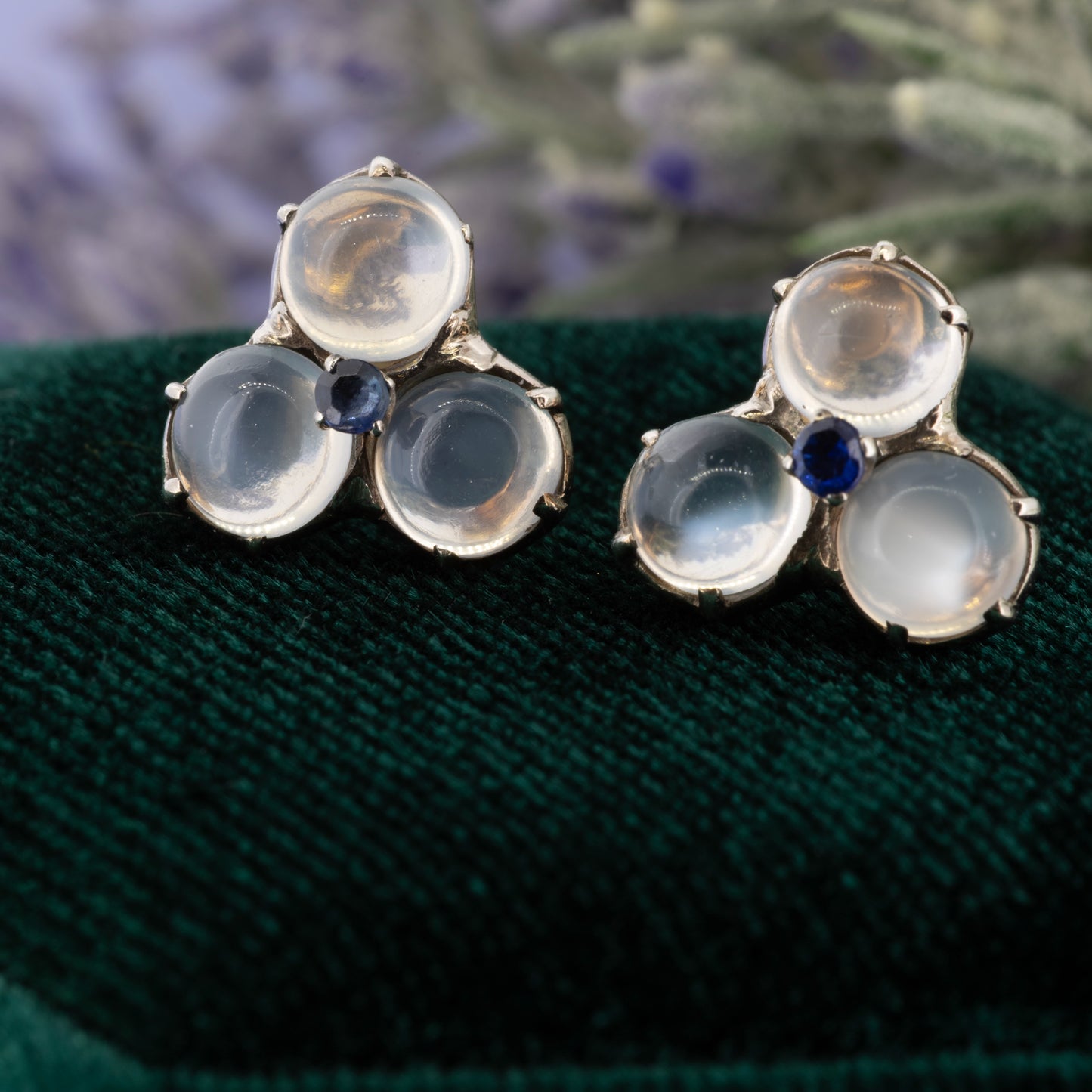 Victorian silver and 9ct gold moonstone cluster stud earrings with central sapphire | Golden Snowdrop