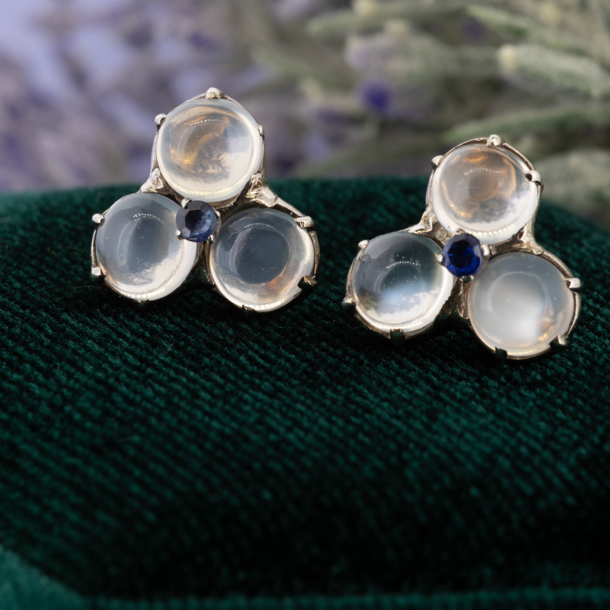 Victorian silver and 9ct gold moonstone cluster stud earrings with central sapphire | Golden Snowdrop