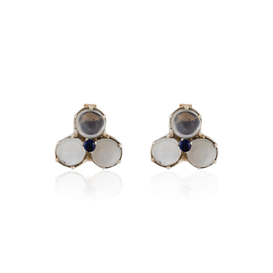 Pair of moonstone cluster stud earrings with central sapphire in silver mount | Golden Snowdrop