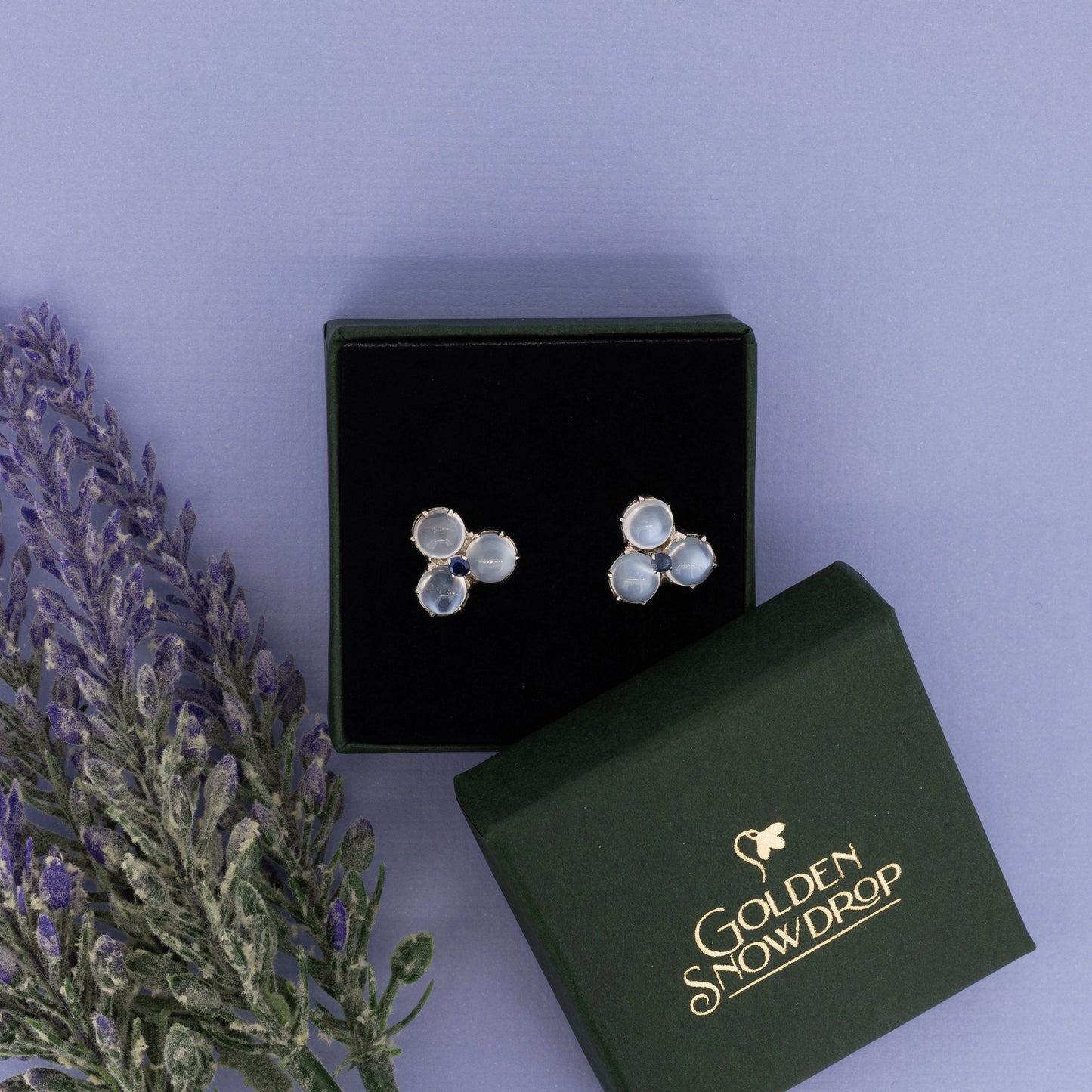 Moonstone and sapphire cluster stud earrings displayed in green jewellery box | Golden Snowdrop