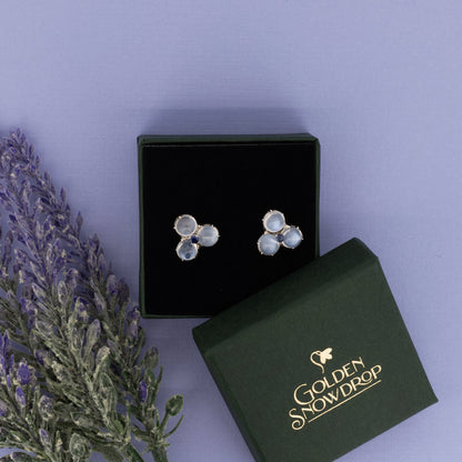 Moonstone and sapphire cluster stud earrings displayed in green jewellery box | Golden Snowdrop
