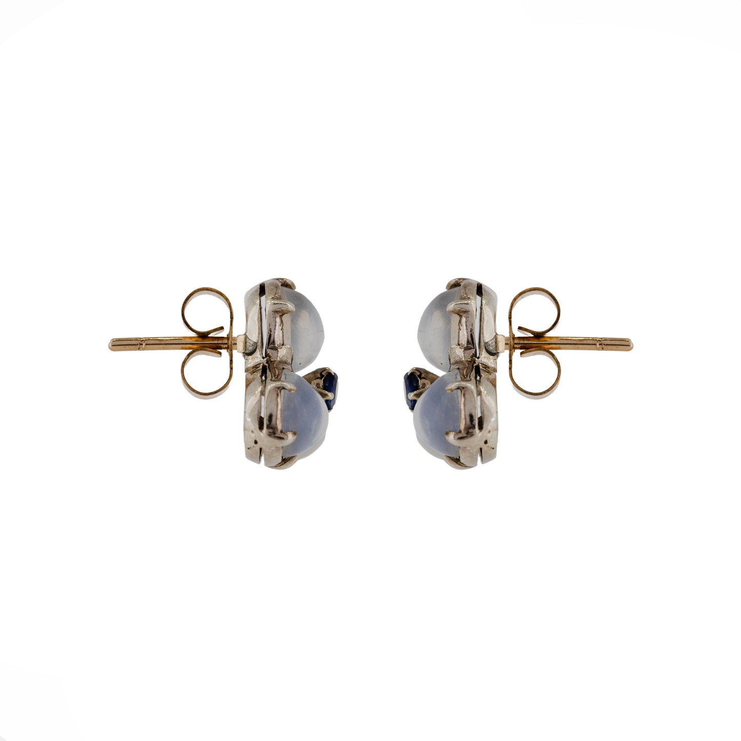 Side view of moonstone cluster stud earrings with silver setting and gold posts | Golden Snowdrop
