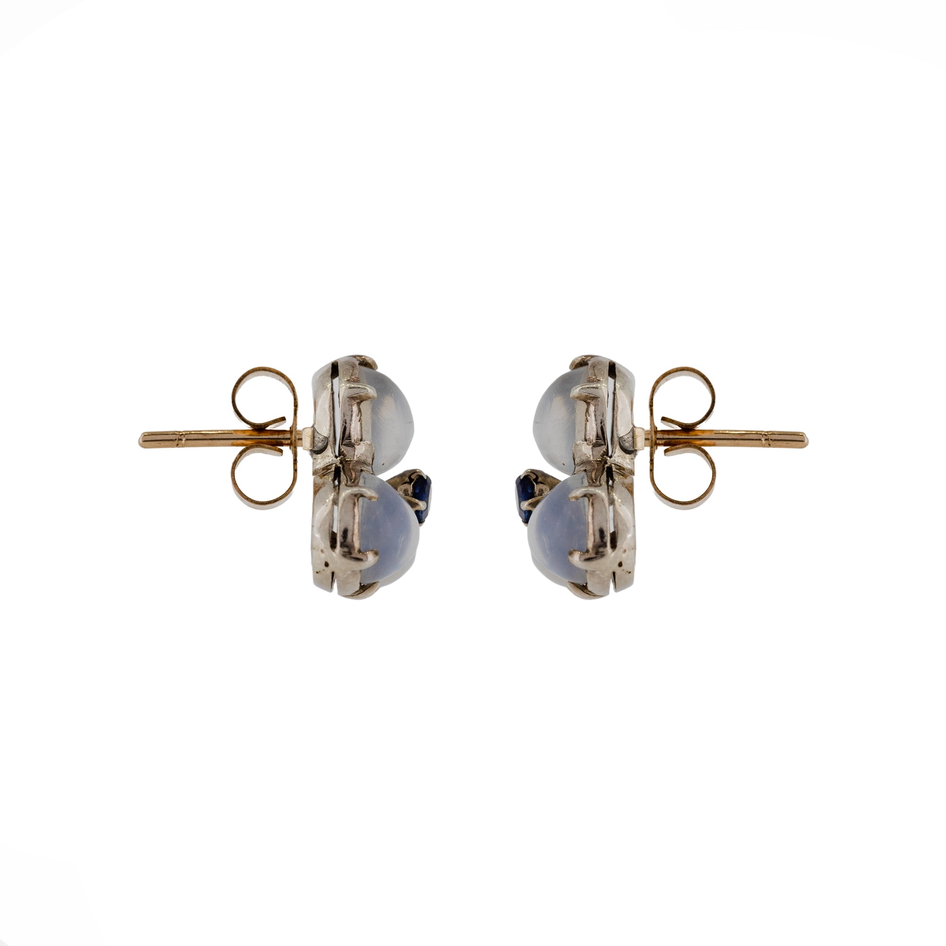 Side view of moonstone cluster stud earrings with silver setting and gold posts | Golden Snowdrop