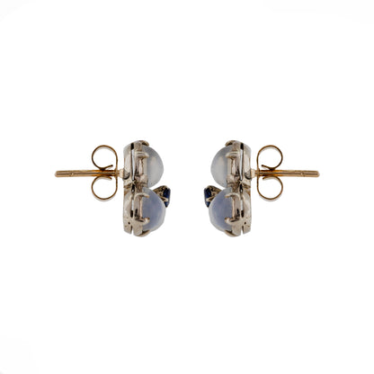 Side view of moonstone cluster stud earrings with silver setting and gold posts | Golden Snowdrop