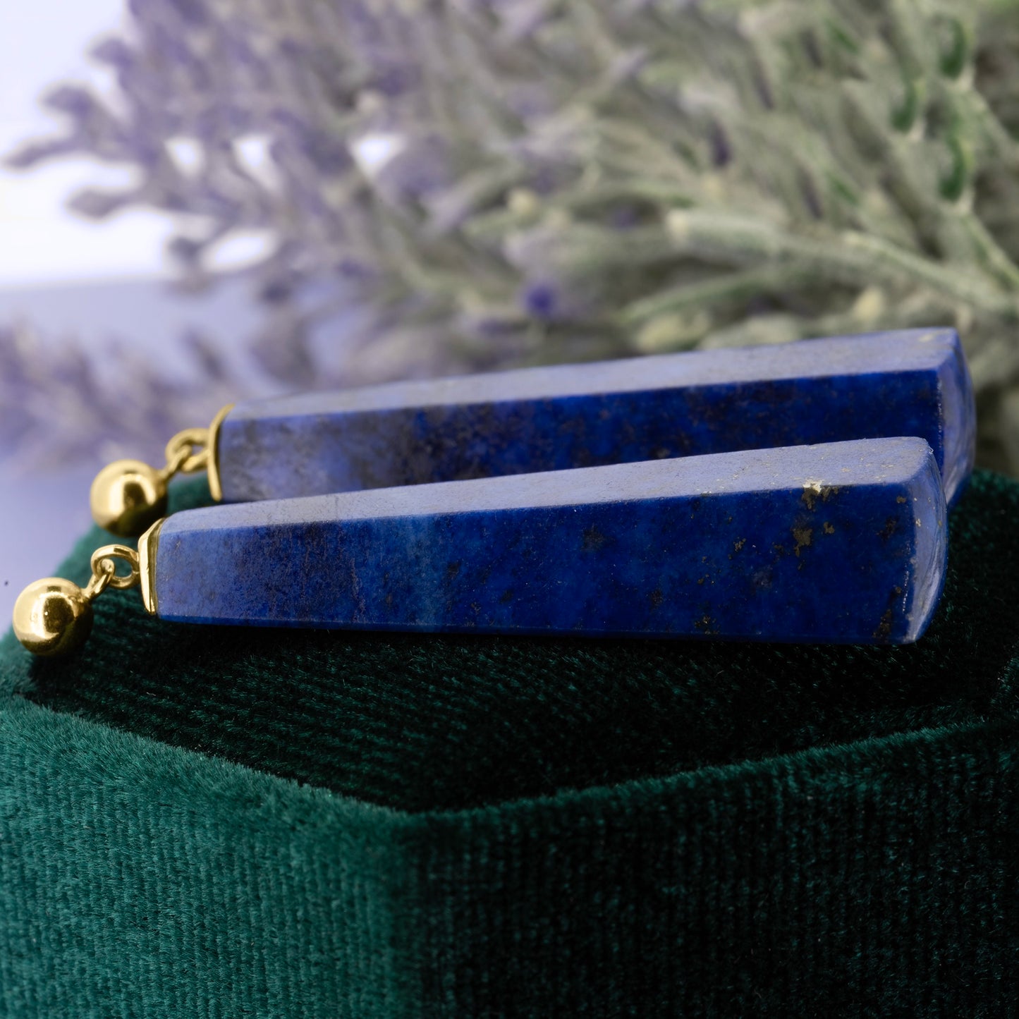 Side view of lapis lazuli long drop earrings showing tapered stone shape | Golden Snowdrop